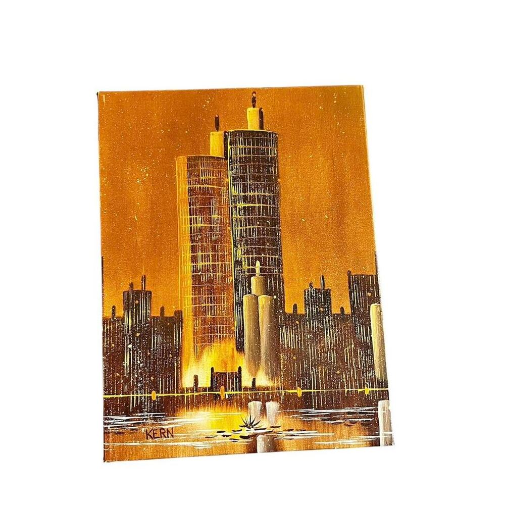 Vintage MCM Cityscape Oil Painting by Kern - 16x12 - NYC/Chicago Skyline